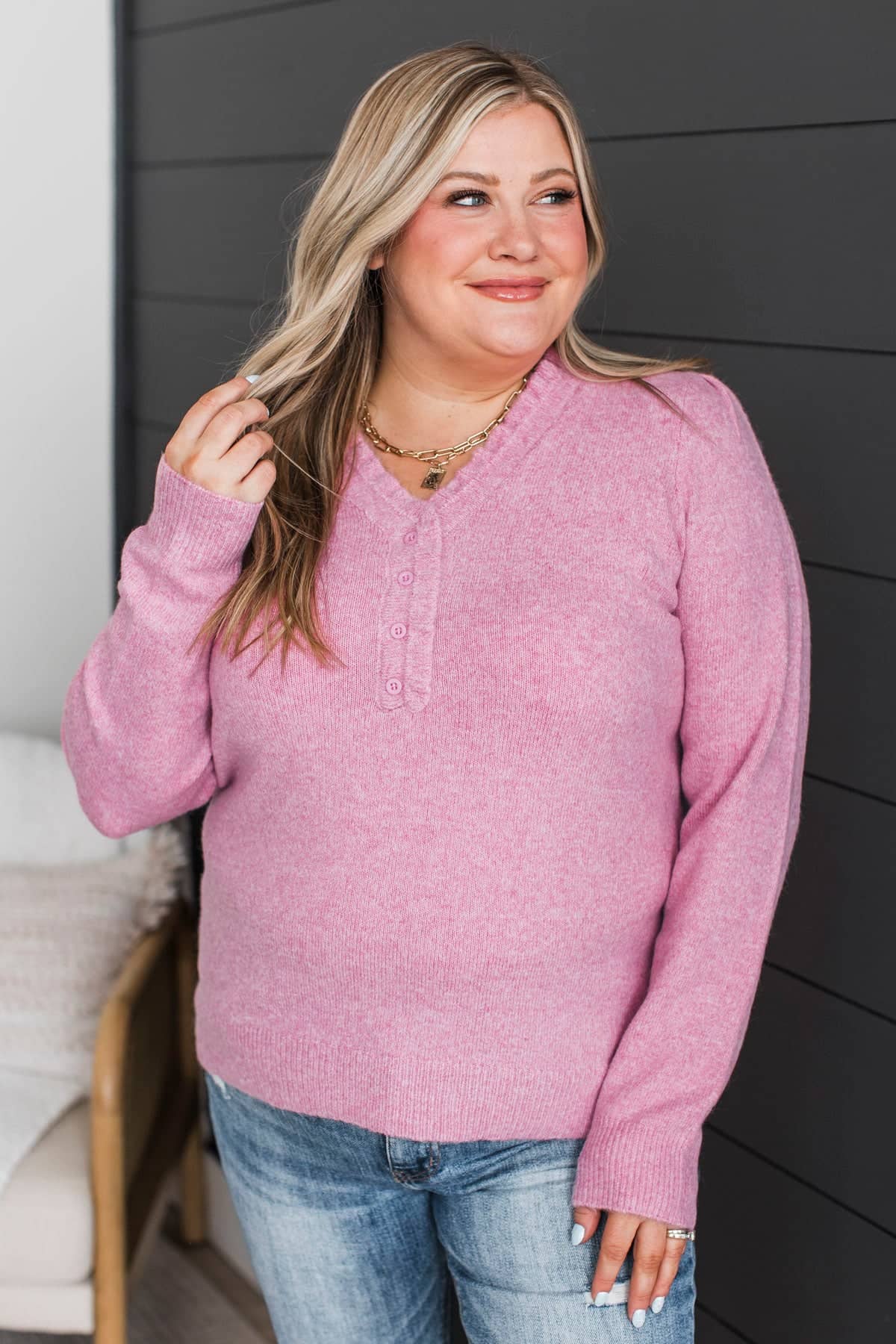 Romantic Love Ruffle V-Neck Sweater- Pink - Image 4