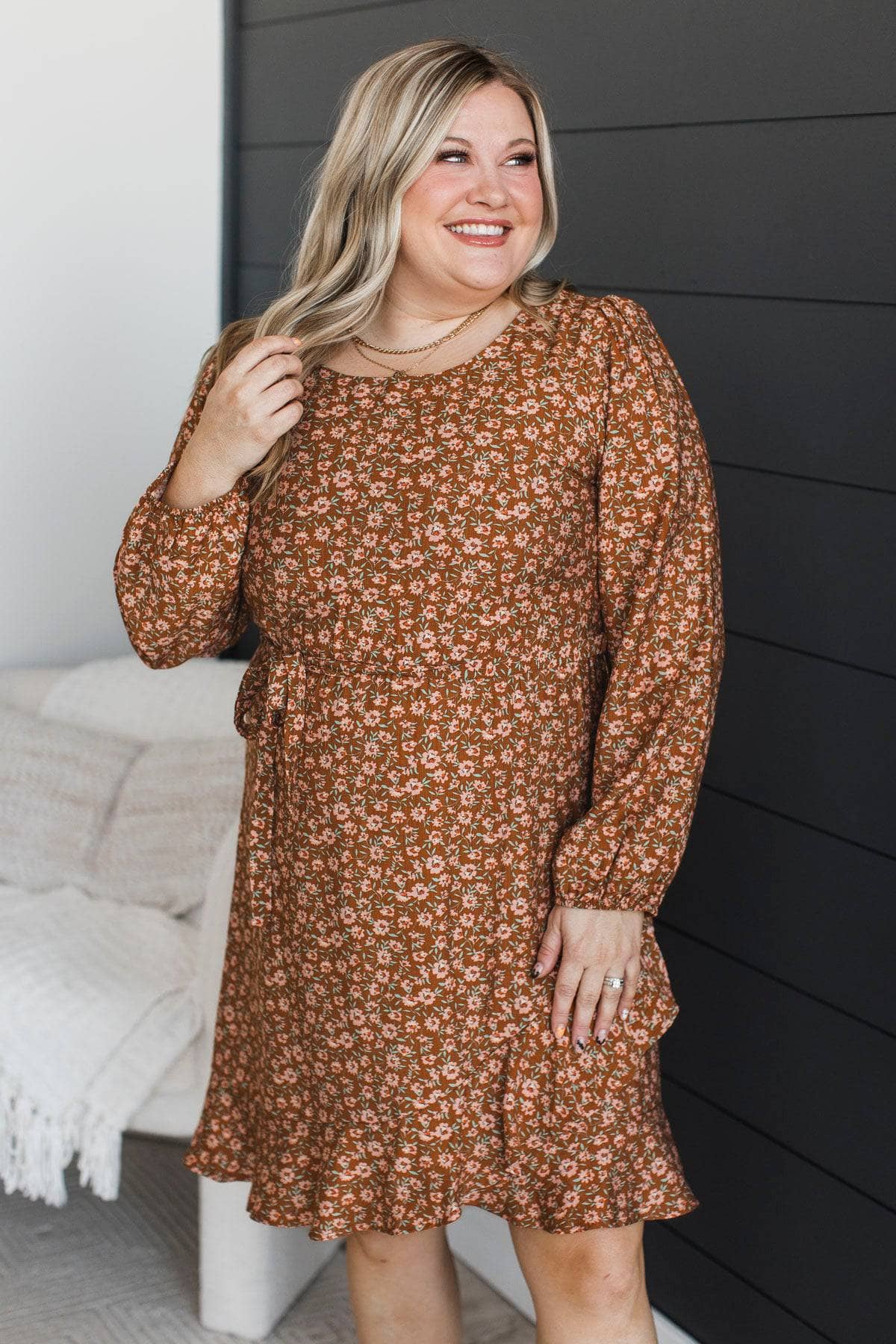 Romantic Nights Floral Dress- Rust Brown - Image 3