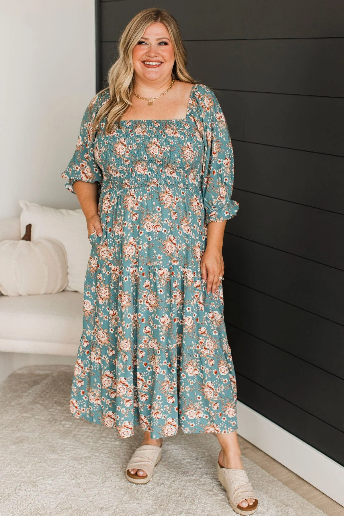 Romantic Spark Floral Midi Dress- Teal