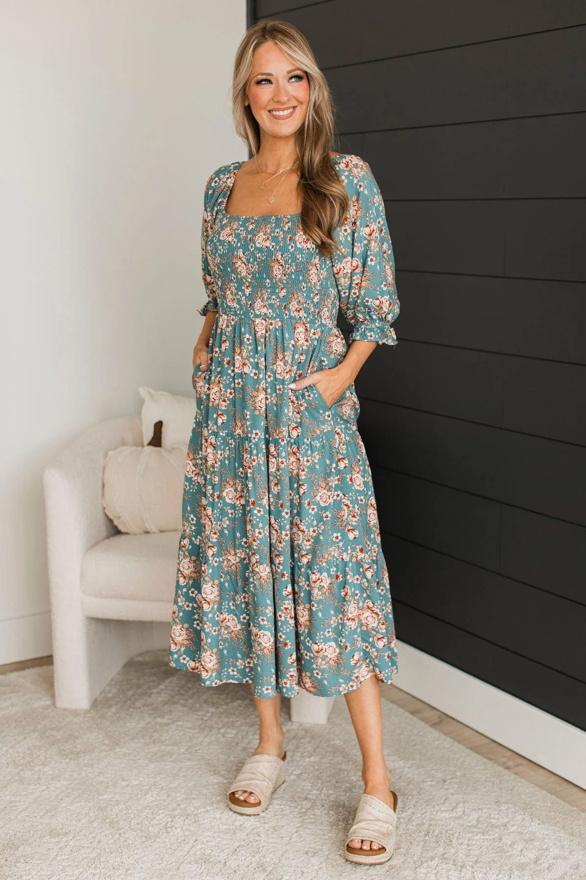 Romantic Spark Floral Midi Dress- Teal - Image 2