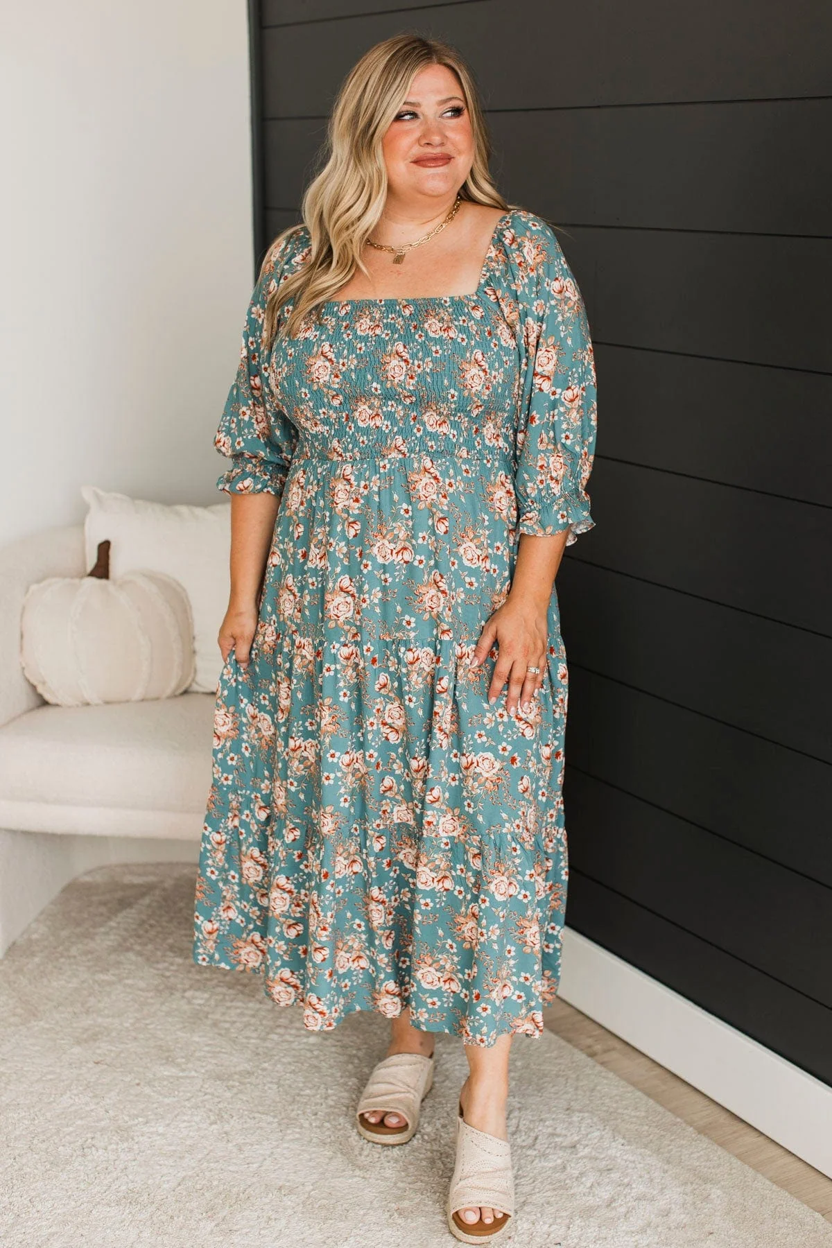 Romantic Spark Floral Midi Dress- Teal - Image 3