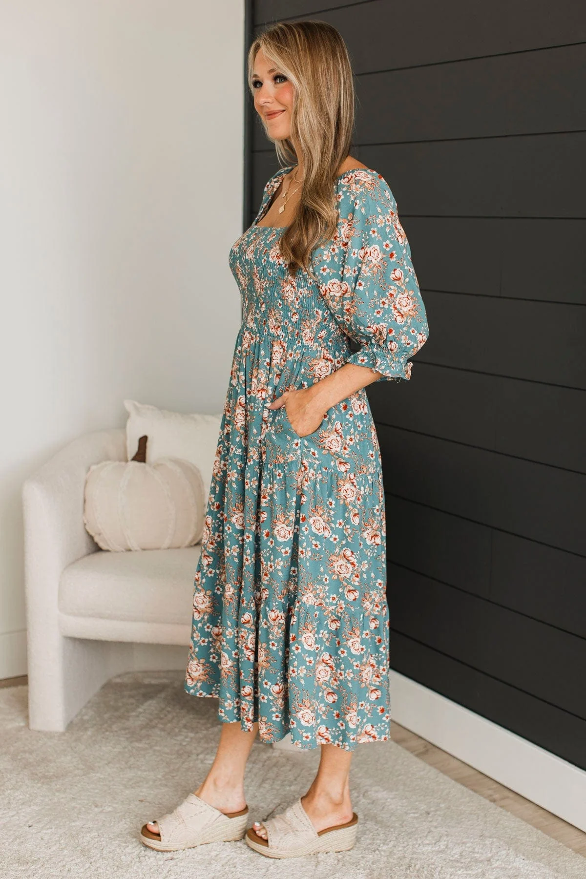 Romantic Spark Floral Midi Dress- Teal - Image 4