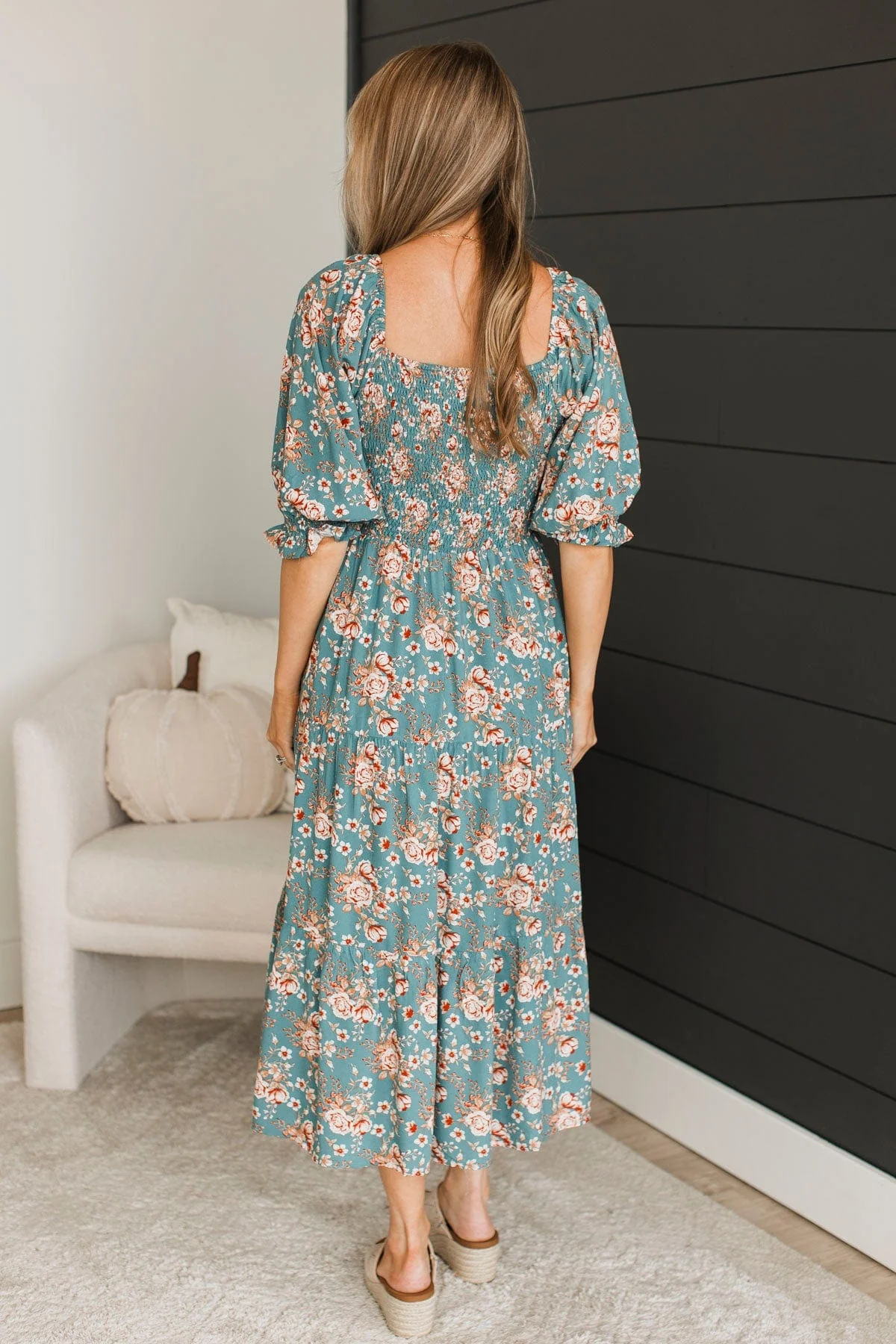 Romantic Spark Floral Midi Dress- Teal - Image 6