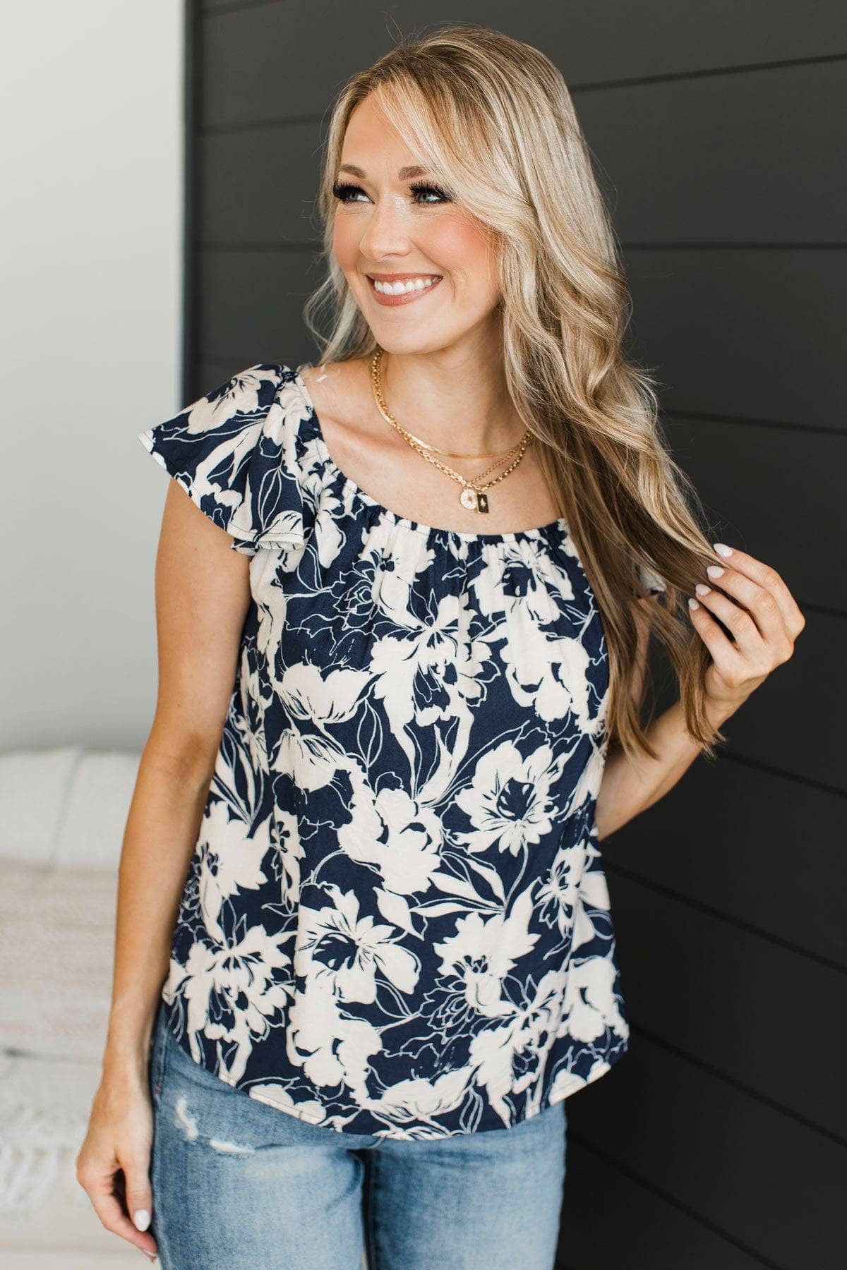 Romantic Style Floral Ruffle Top- Ivory & Navy