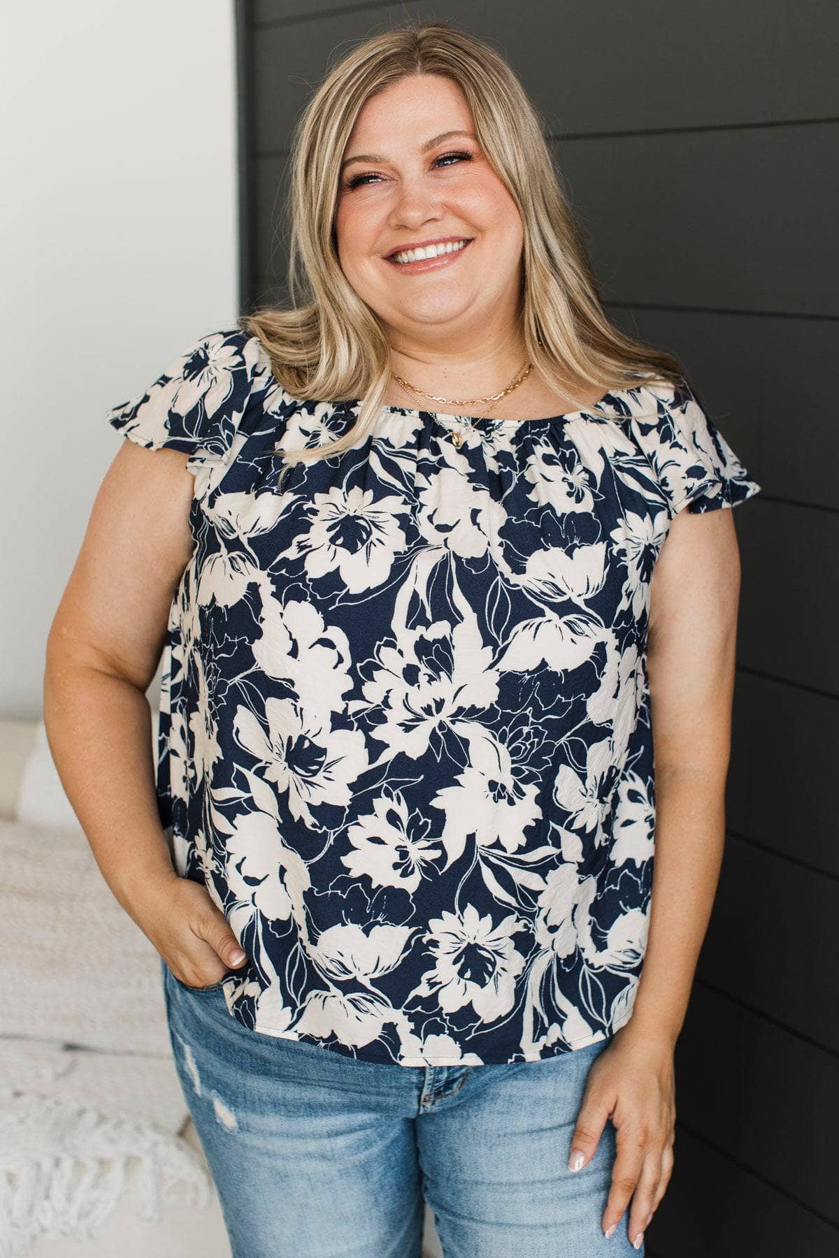 Romantic Style Floral Ruffle Top- Ivory & Navy - Image 2