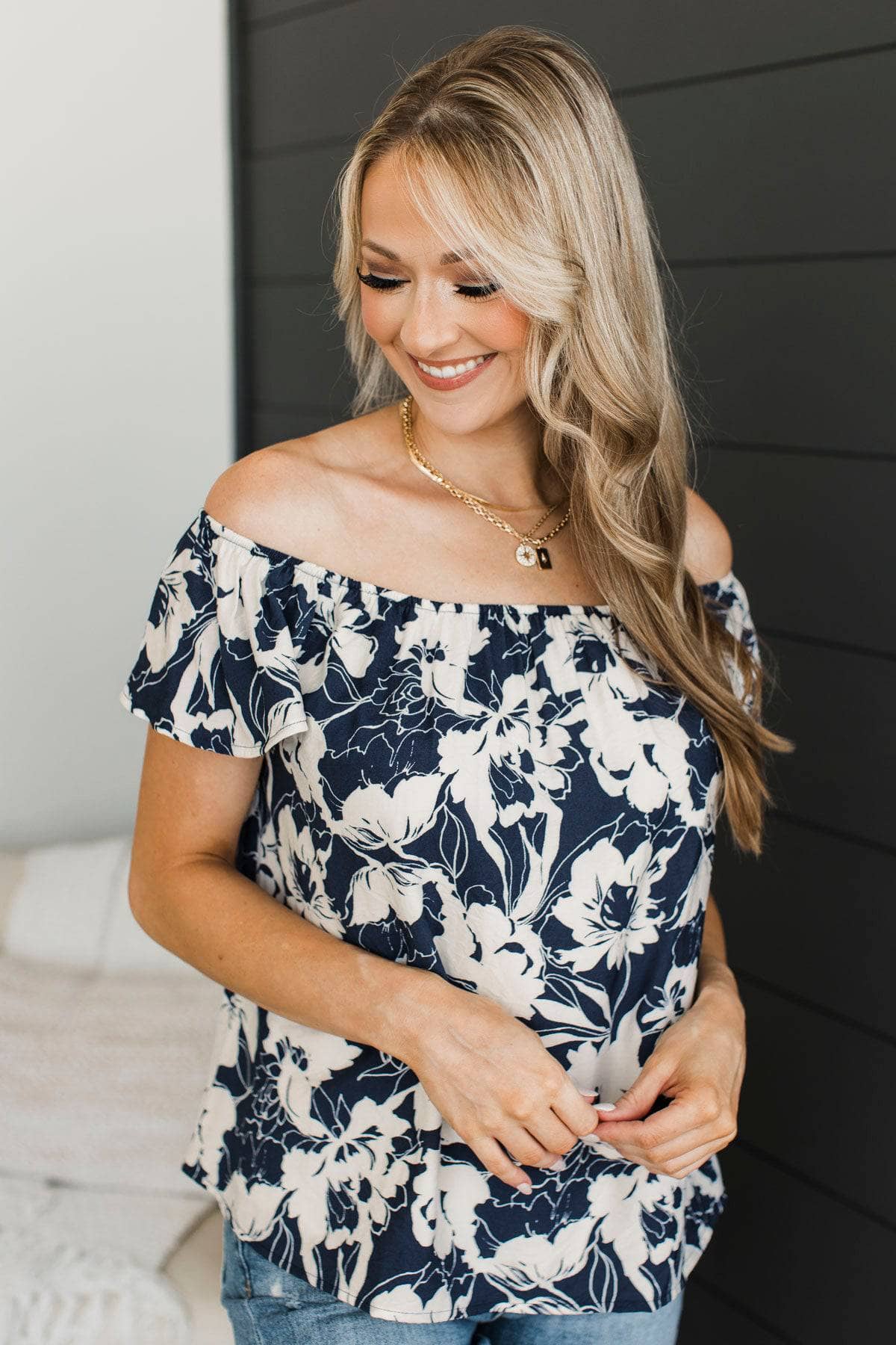 Romantic Style Floral Ruffle Top- Ivory & Navy - Image 3