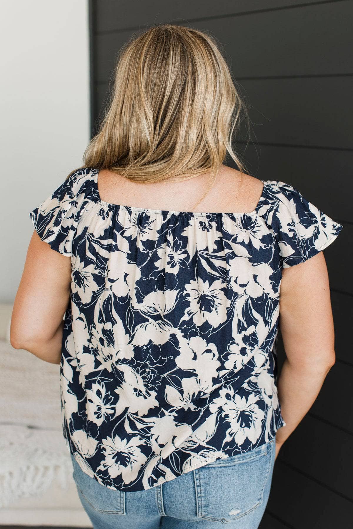 Romantic Style Floral Ruffle Top- Ivory & Navy - Image 8