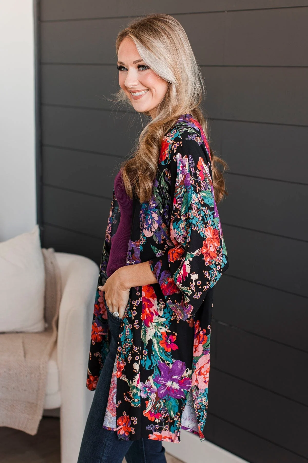 Room To Bloom Floral Kimono- Black - Image 5
