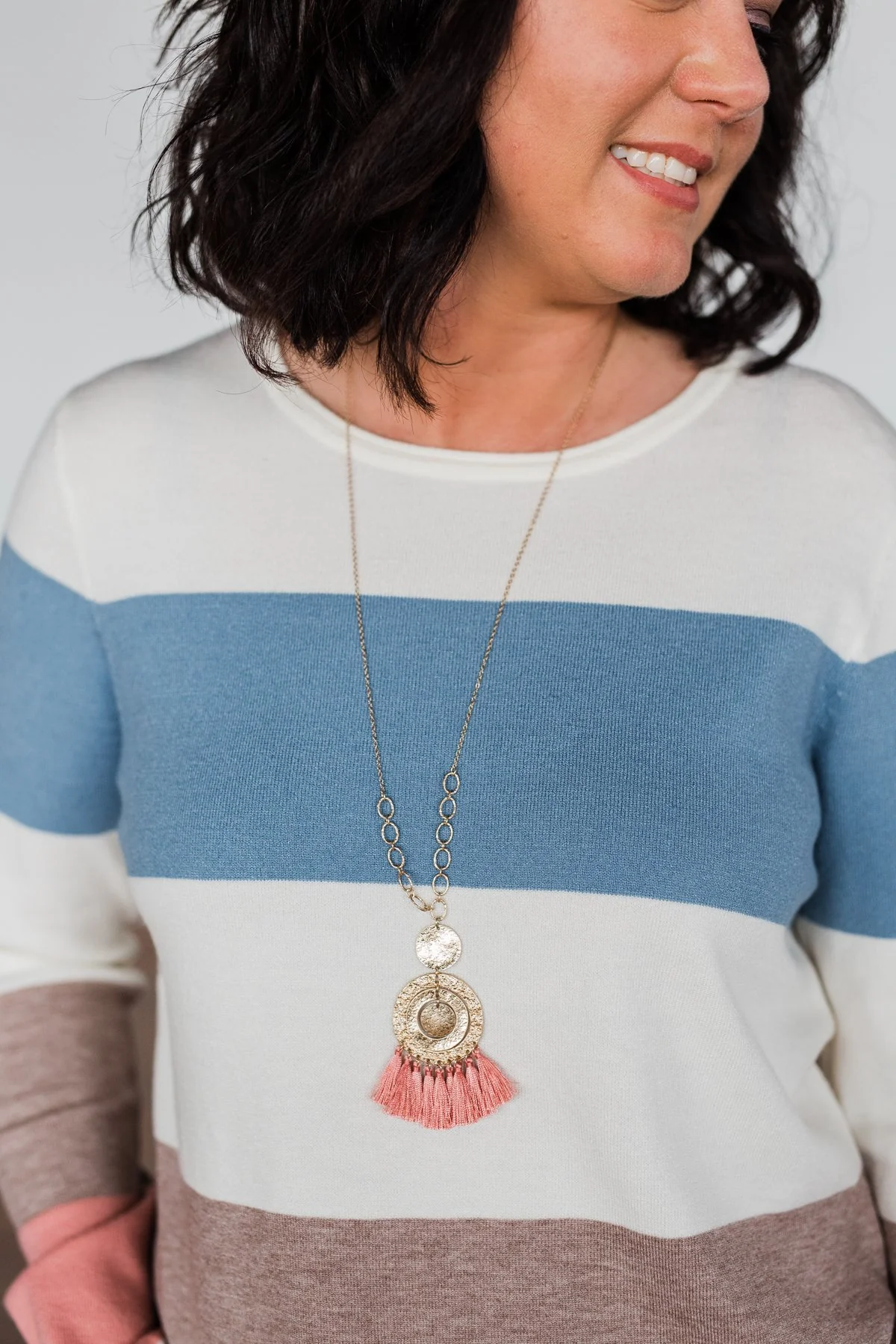Round Pendant & Tassel Gold Necklace- Mauve - Image 2