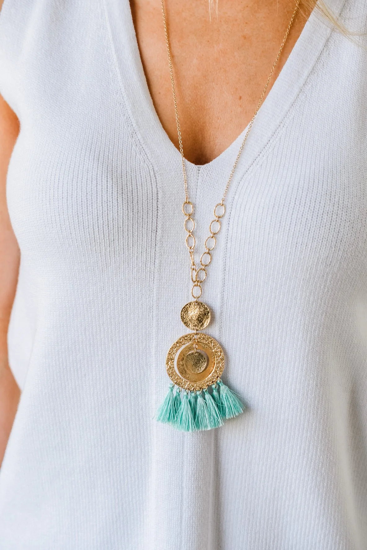 Round Pendant & Tassel Gold Necklace- Mint Blue - Image 2