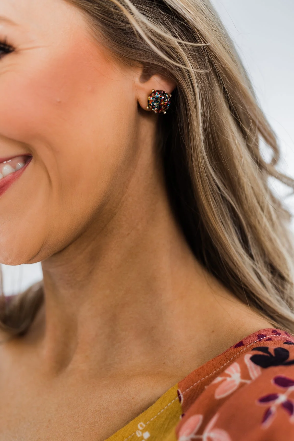 Round Stud Earrings- Glitter Multi-Colored - Image 2