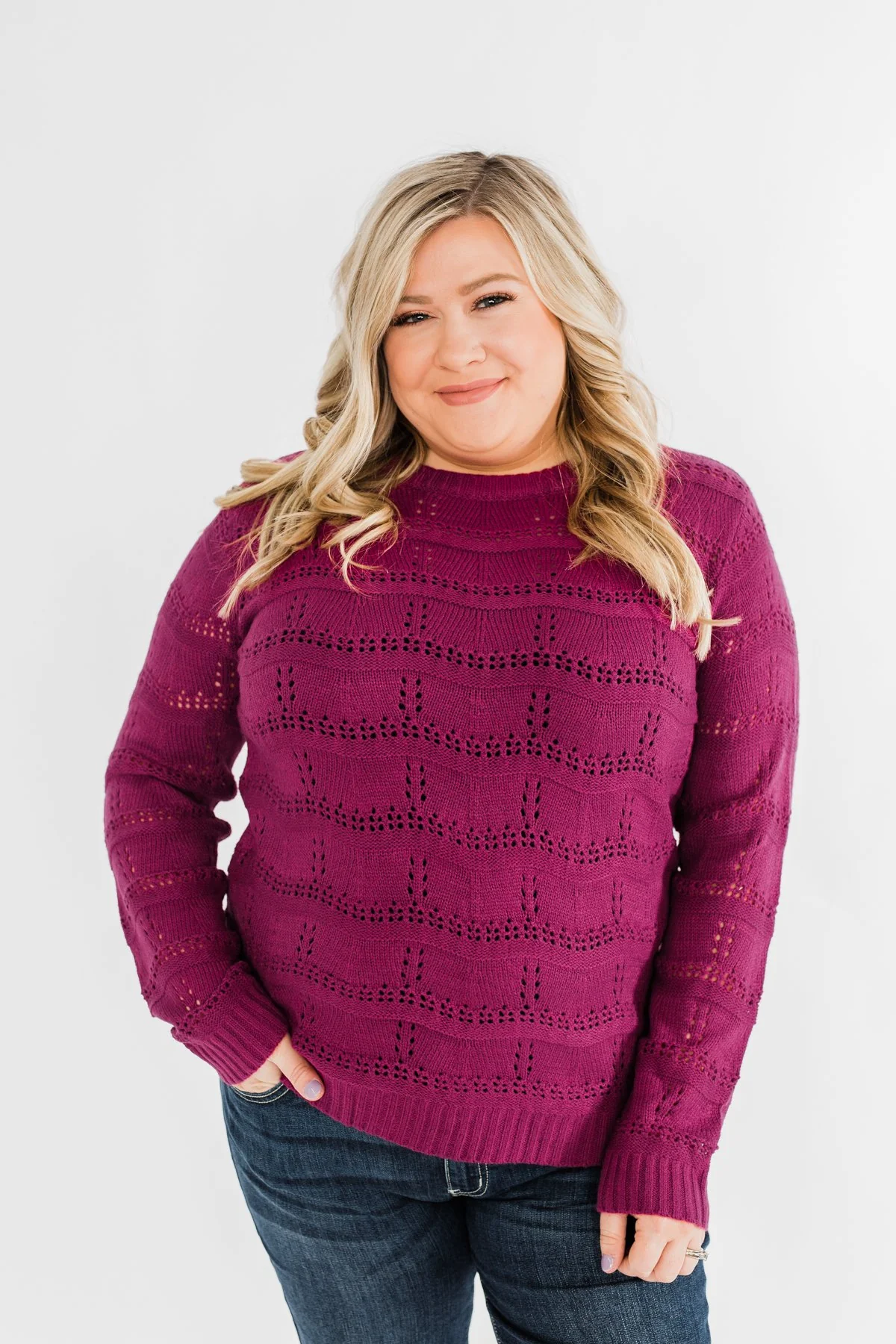 Royal Harmony Open Knit Sweater- Deep Magenta - Image 6