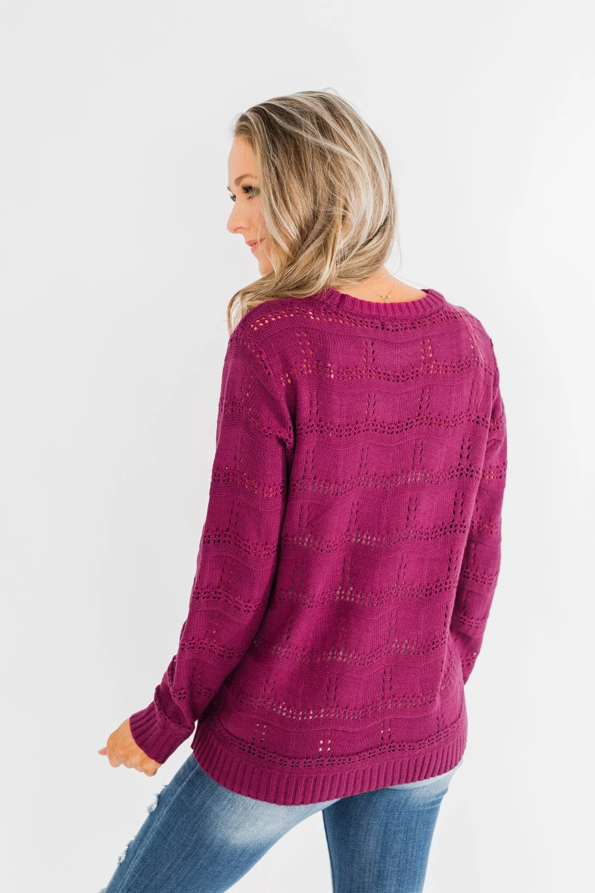 Royal Harmony Open Knit Sweater- Deep Magenta - Image 9