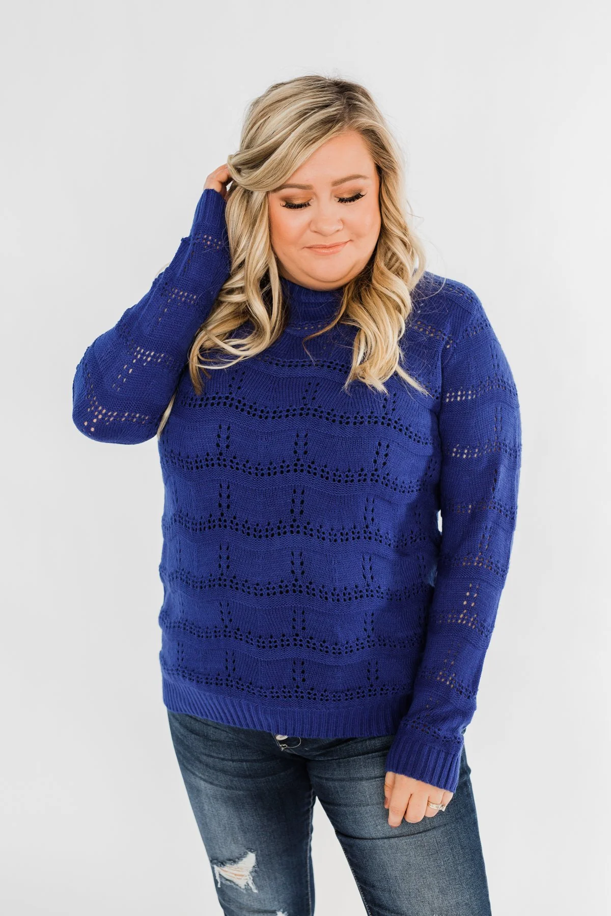 Royal Harmony Open Knit Sweater- Royal Blue - Image 7