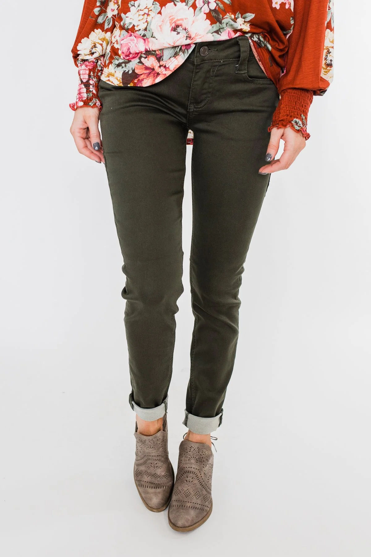 Rubberband Colored Skinny Jeans- Olive - Image 3