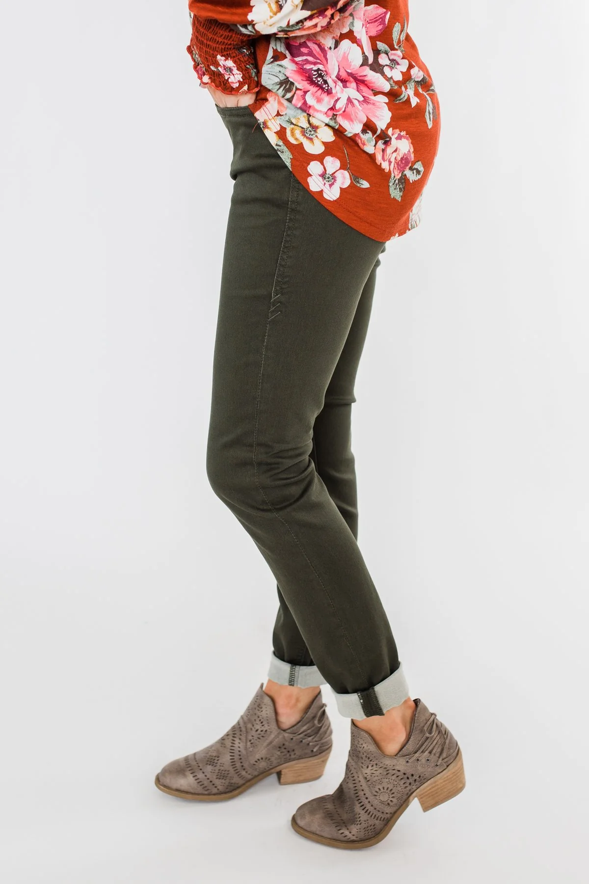 Rubberband Colored Skinny Jeans- Olive - Image 5