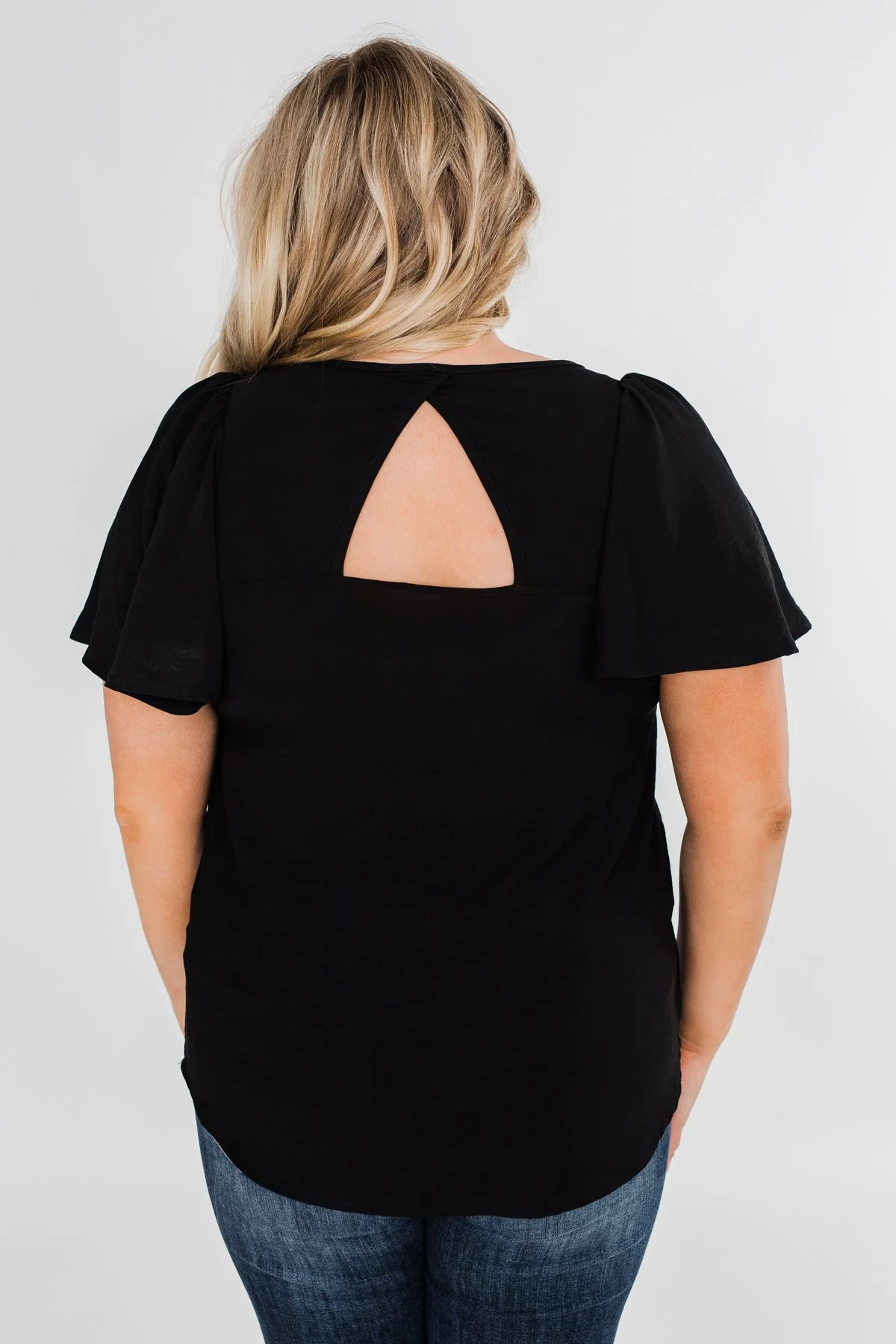 Ruffle Sleeve Keyhole Back Top- Black - Image 11
