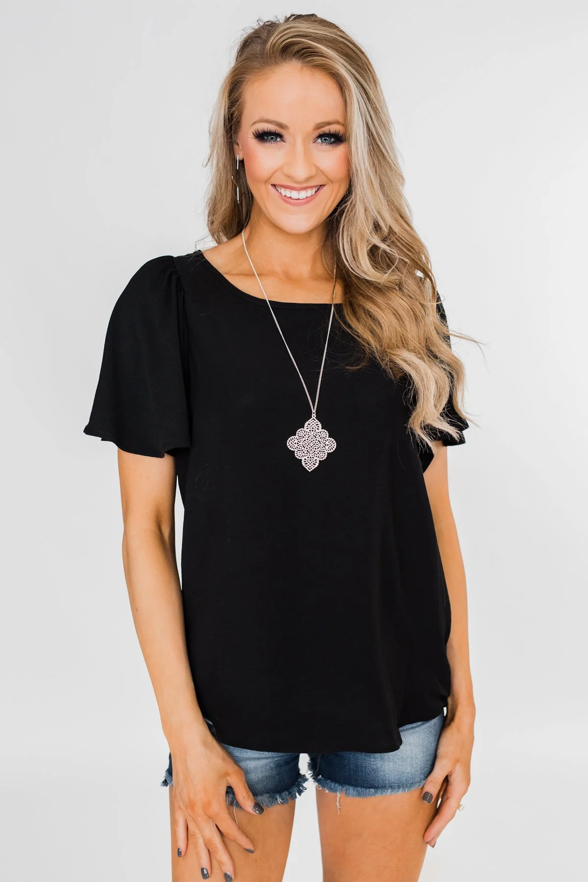 Ruffle Sleeve Keyhole Back Top- Black - Image 2