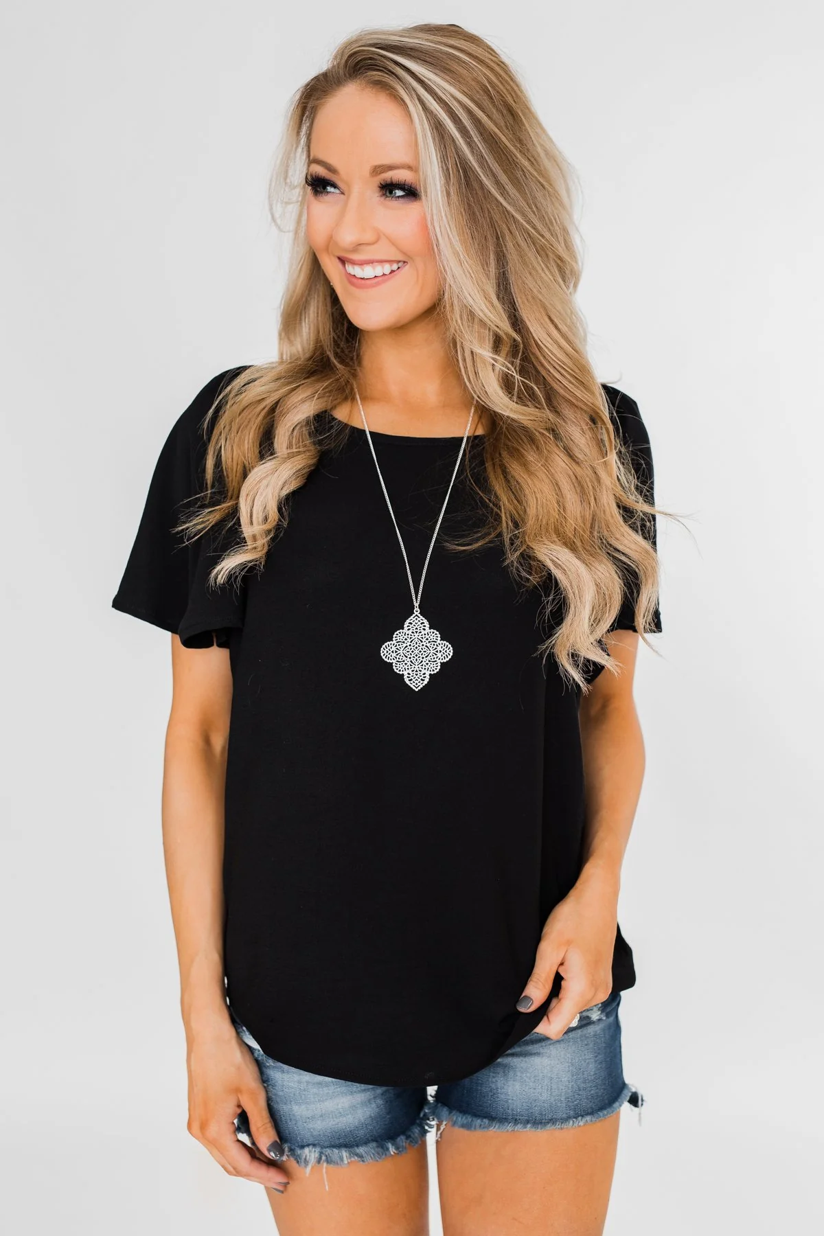 Ruffle Sleeve Keyhole Back Top- Black - Image 6