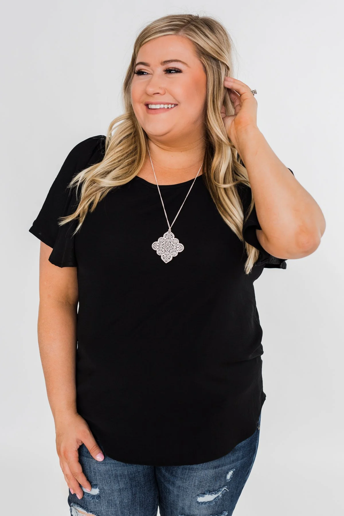 Ruffle Sleeve Keyhole Back Top- Black - Image 7