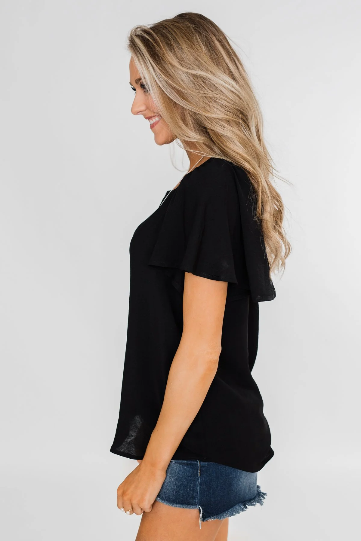 Ruffle Sleeve Keyhole Back Top- Black - Image 8