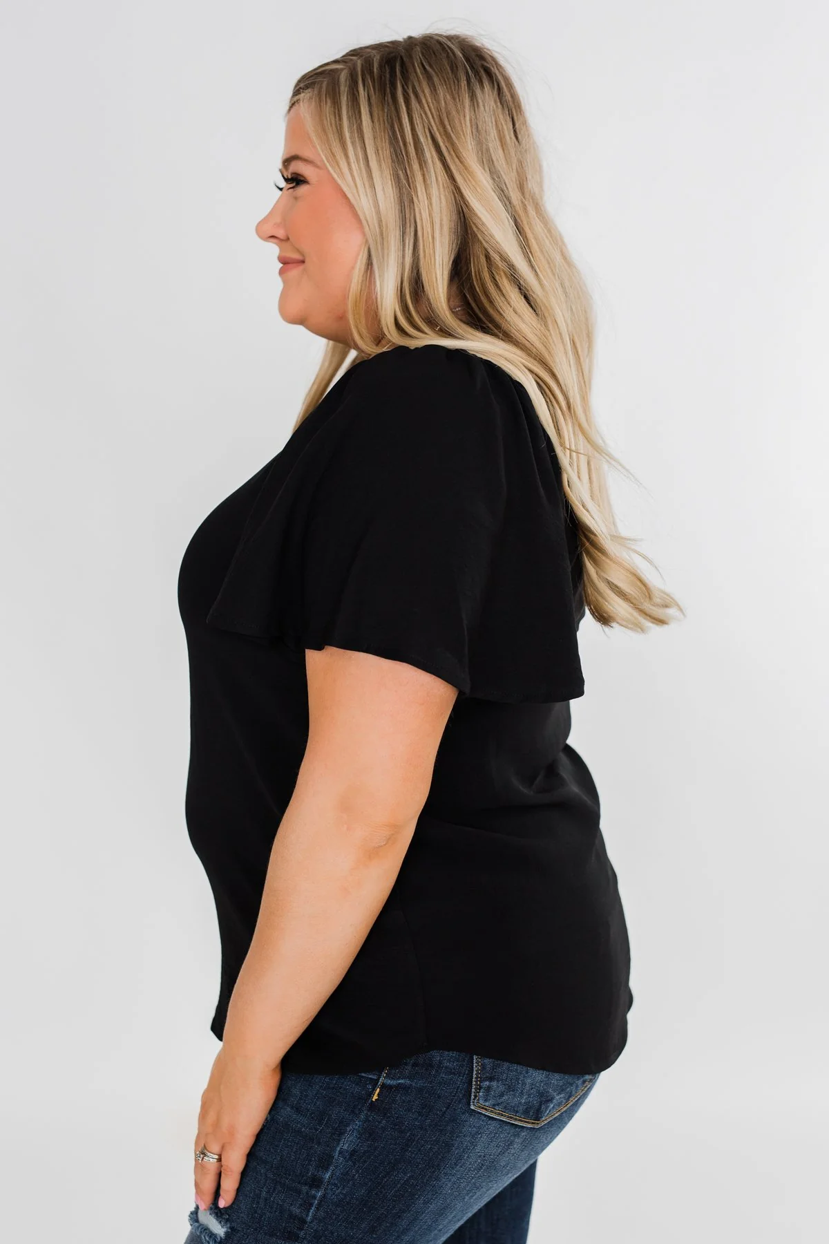 Ruffle Sleeve Keyhole Back Top- Black - Image 9