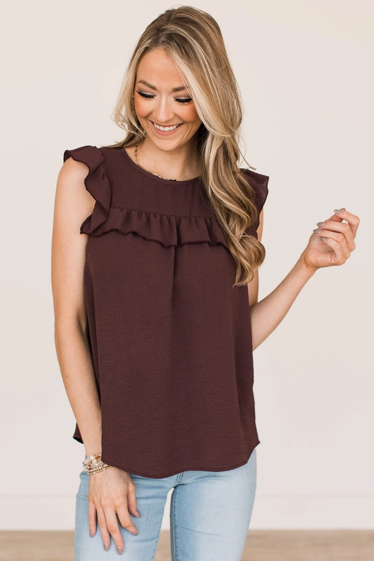 Rule The Day Ruffle Blouse- Plum - Image 3