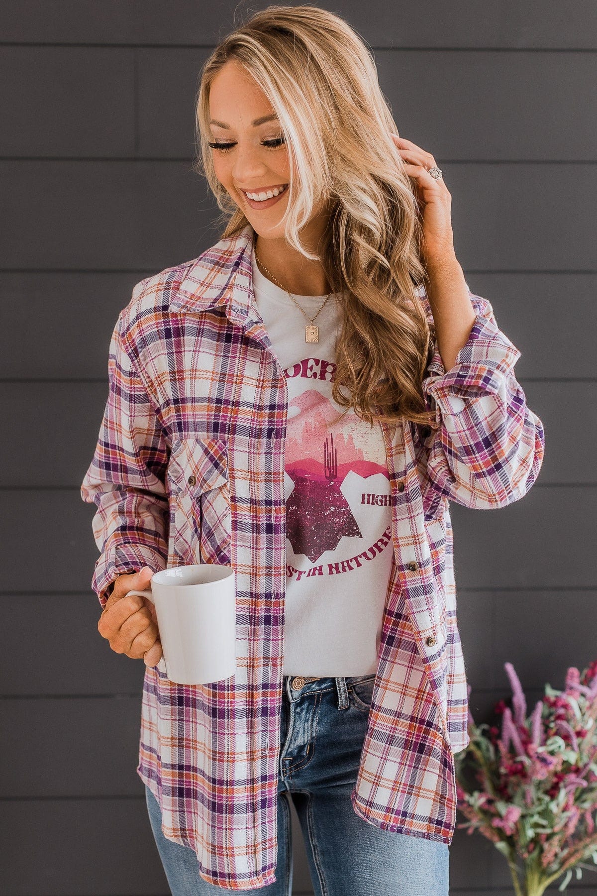 Running To You Plaid Button Top- Cream & Magenta - Image 2