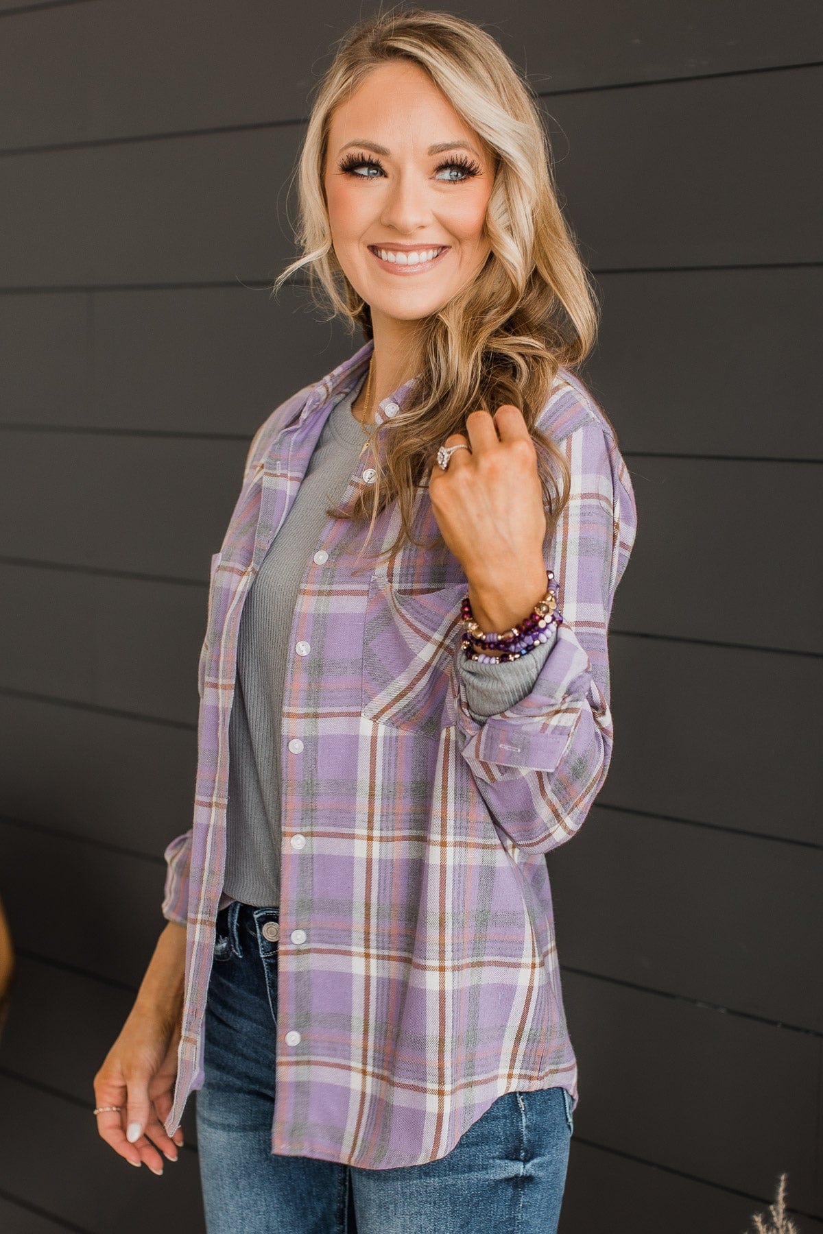 Running To You Plaid Button Top- Lavender & Grey - Image 5