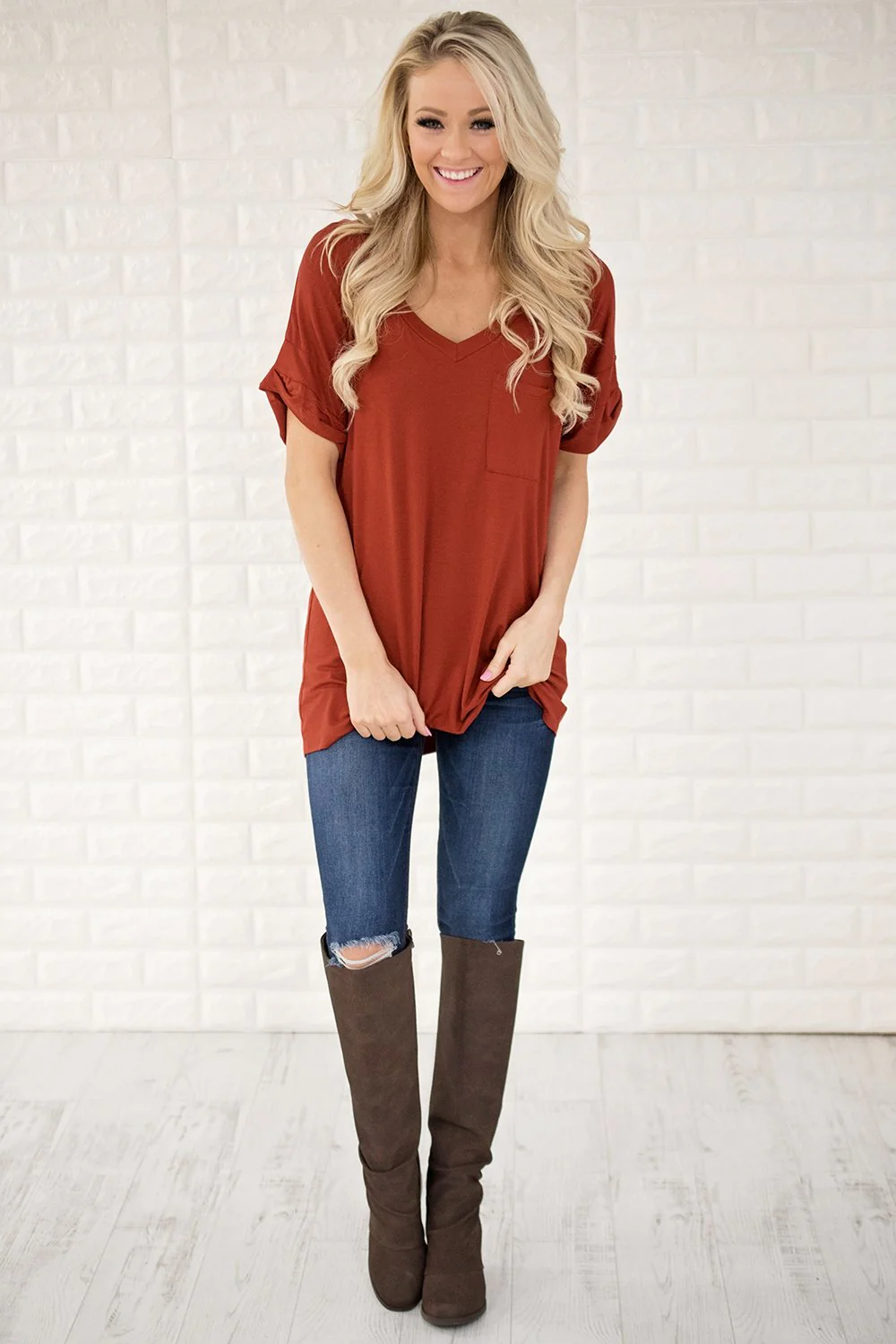Rust V-Neck Pocket Tee - Image 3