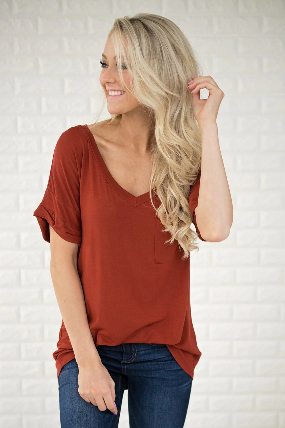 Rust V-Neck Pocket Tee - Image 6