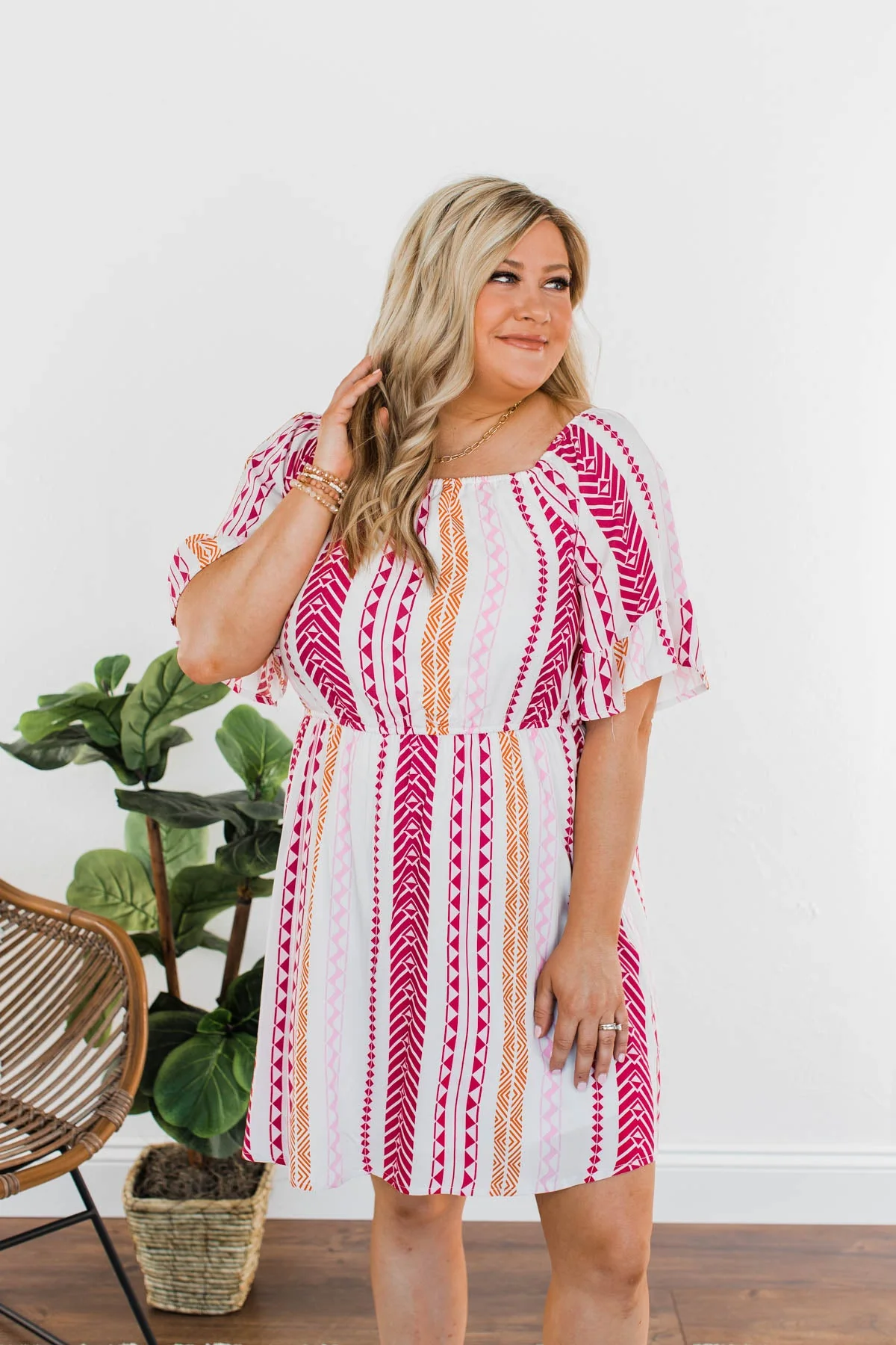 Salsa Dancing Off-The-Shoulder Dress- Pink & Ivory - Image 4