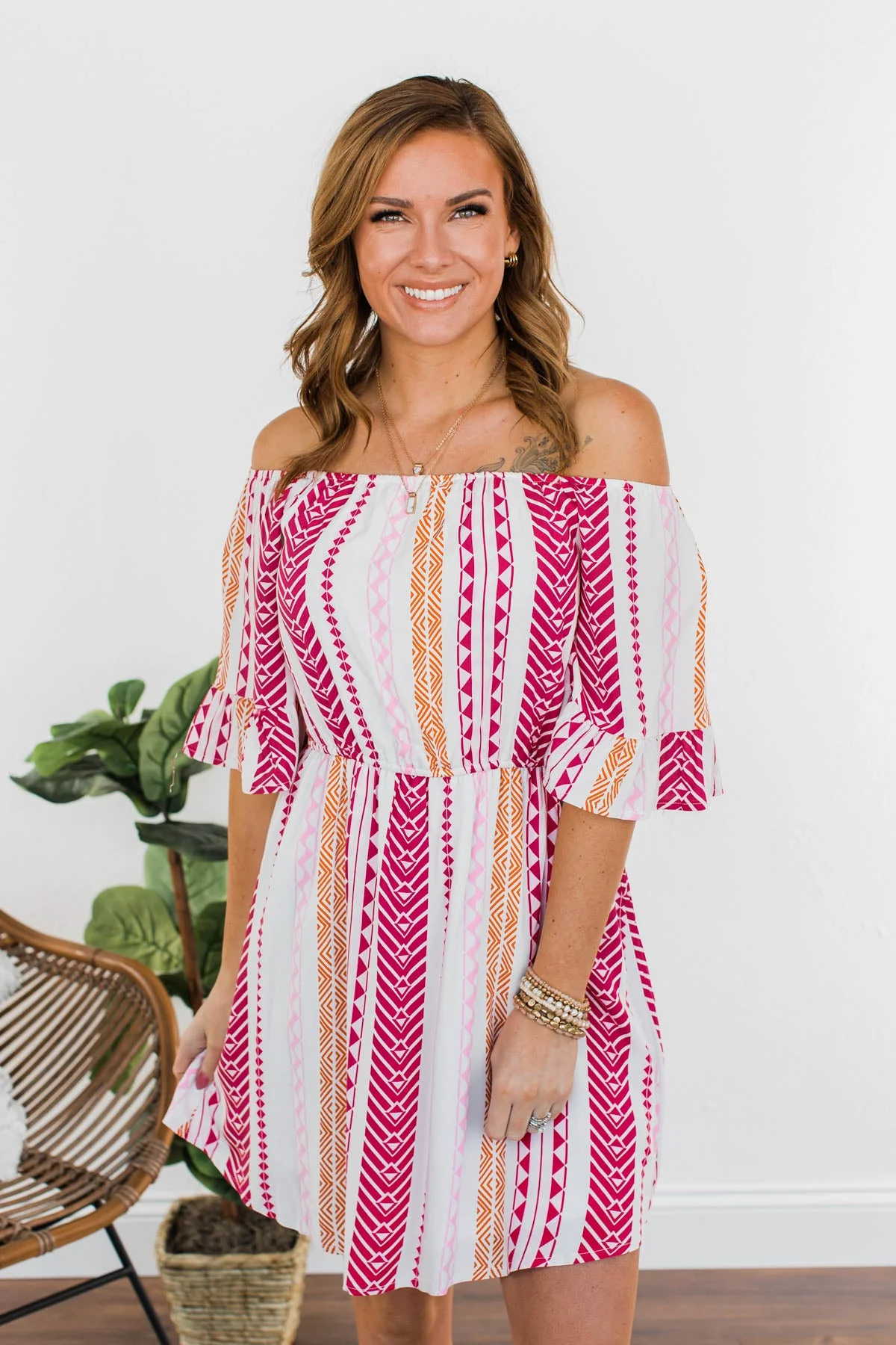 Salsa Dancing Off-The-Shoulder Dress- Pink & Ivory - Image 5