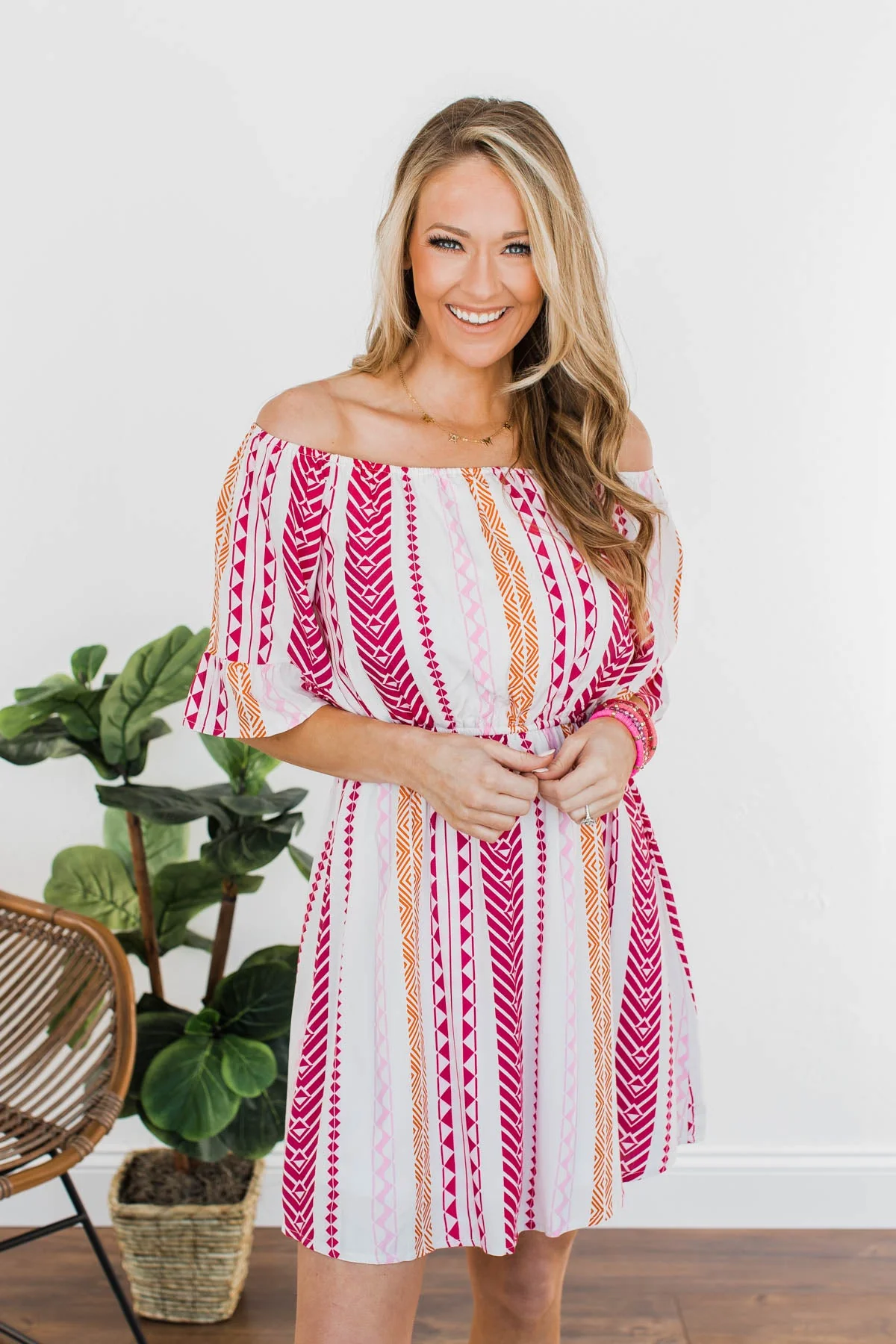 Salsa Dancing Off-The-Shoulder Dress- Pink & Ivory - Image 6
