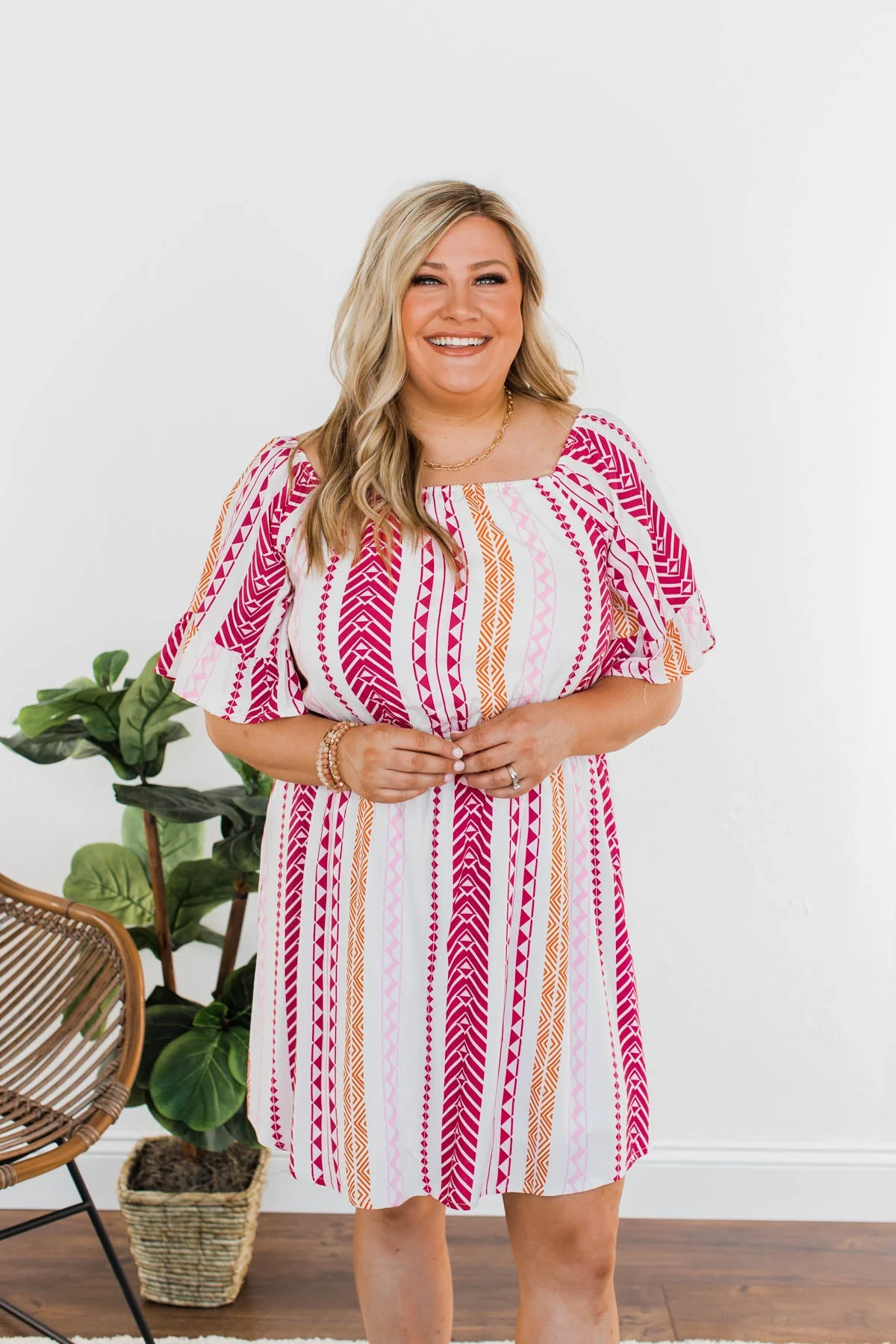 Salsa Dancing Off-The-Shoulder Dress- Pink & Ivory - Image 7
