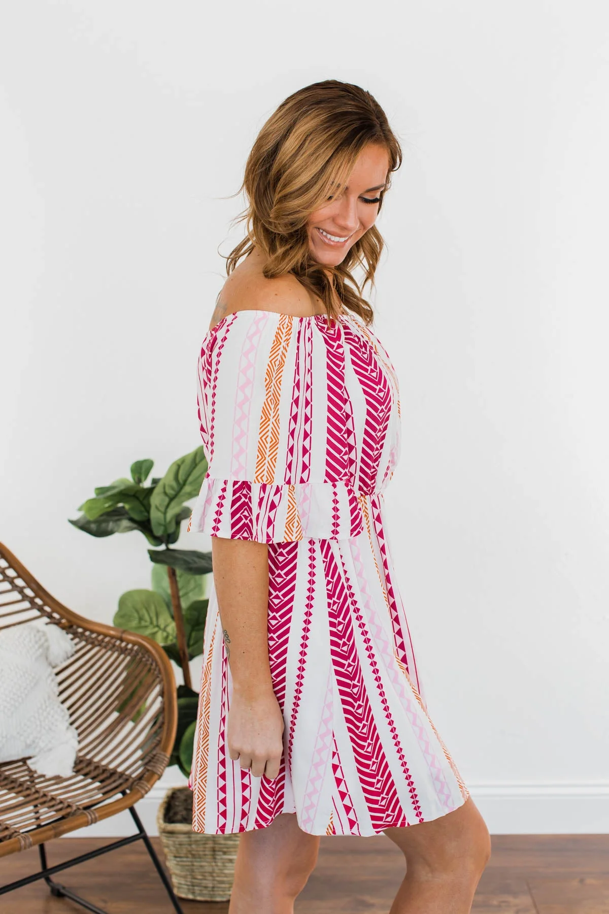 Salsa Dancing Off-The-Shoulder Dress- Pink & Ivory - Image 8