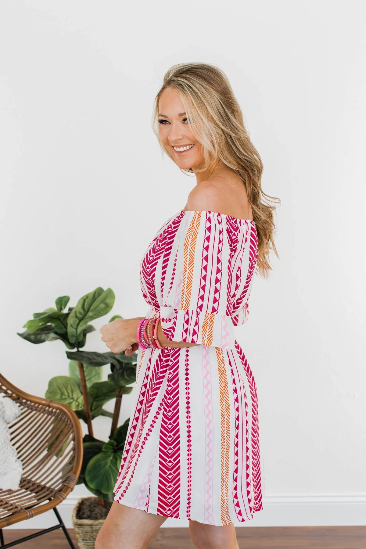 Salsa Dancing Off-The-Shoulder Dress- Pink & Ivory - Image 9