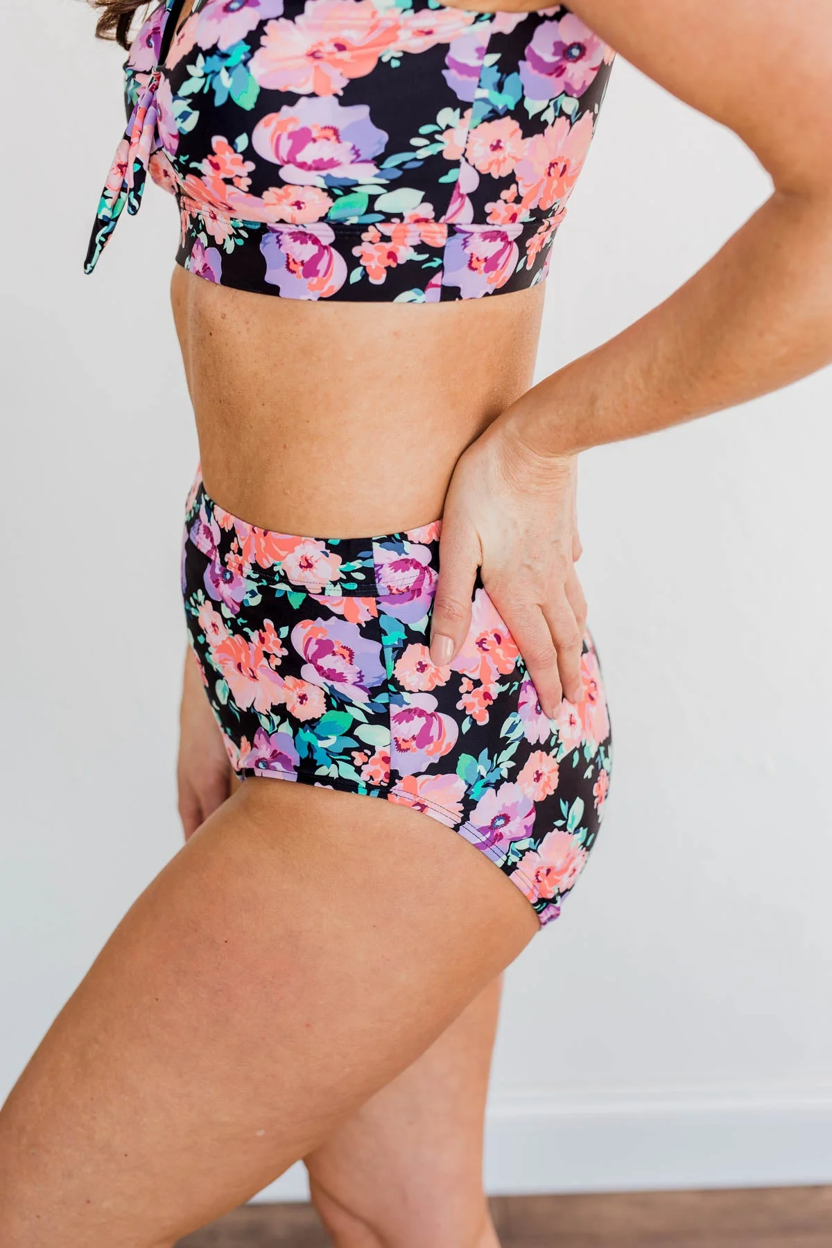 Sandy Shores High-Rise Swim Bottoms- Black, Peach & Purple - Image 10