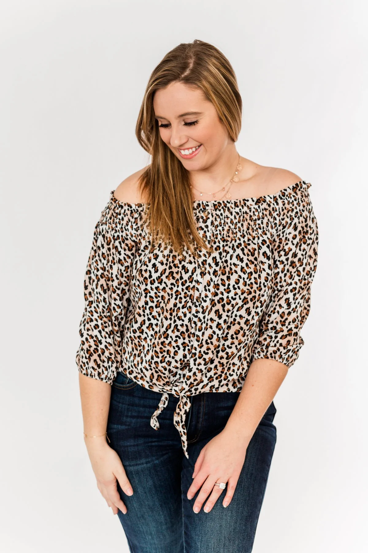 Savvy Smiles Off The Shoulder Blouse- Natural Leopard - Image 2