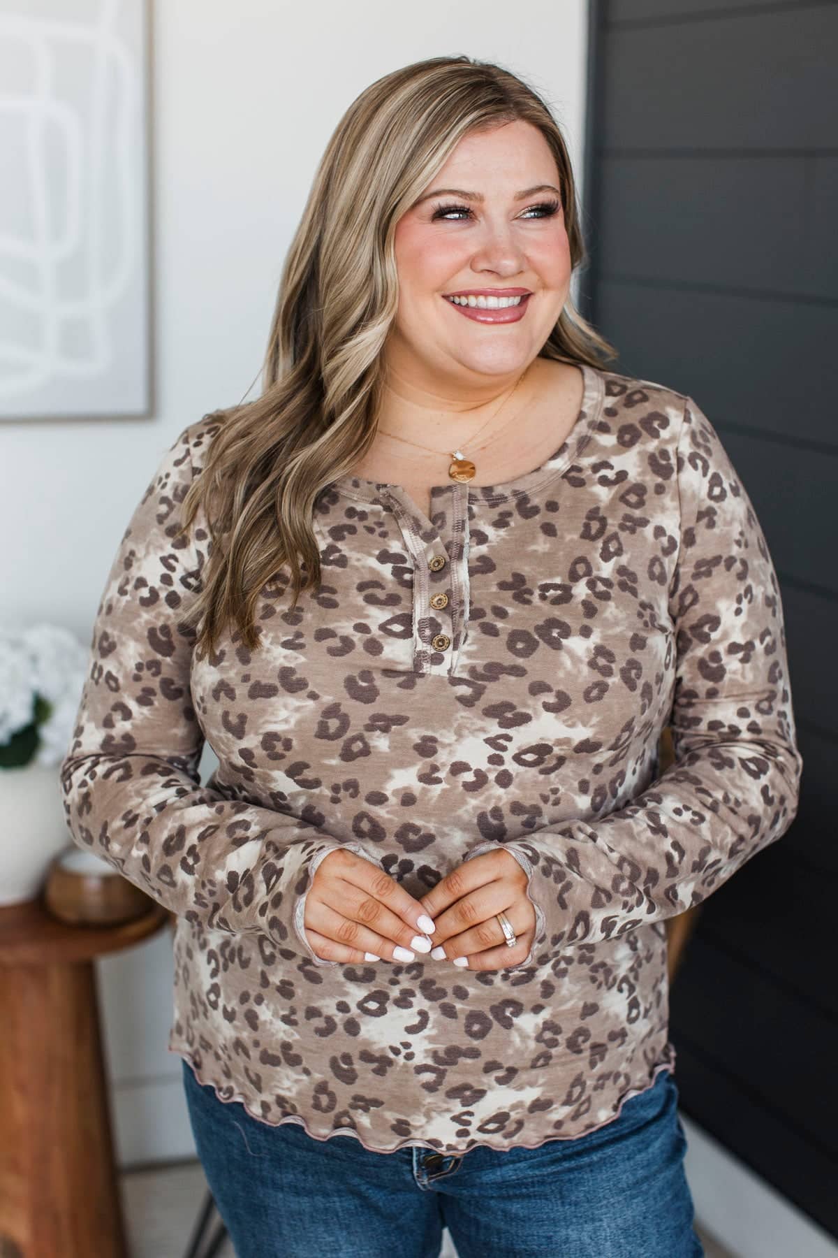 Say It Again Long Sleeve Henley Top- Brown Leopard - Image 3