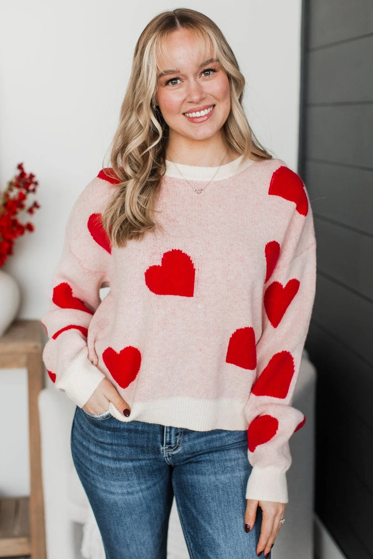 Say Something Beautiful Heart Sweater- Light Pink & Red
