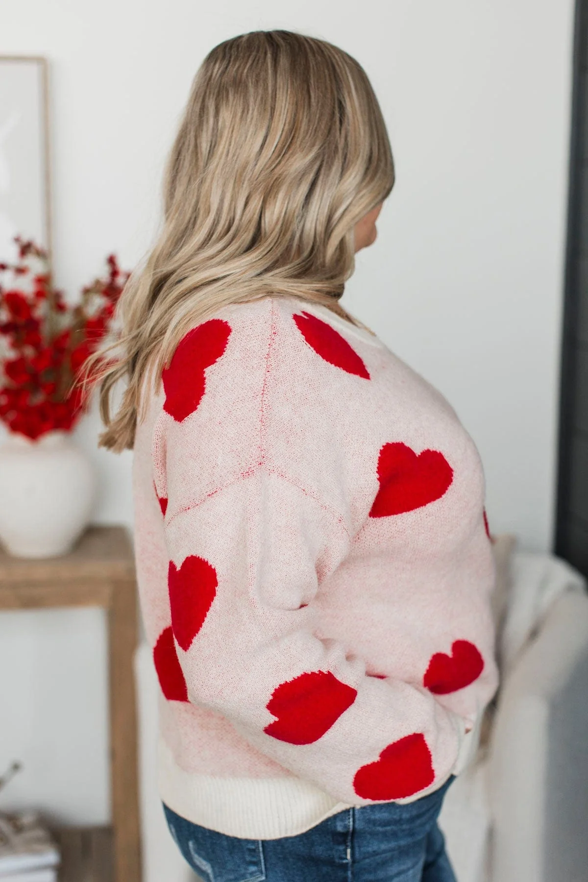 Say Something Beautiful Heart Sweater- Light Pink & Red - Image 6