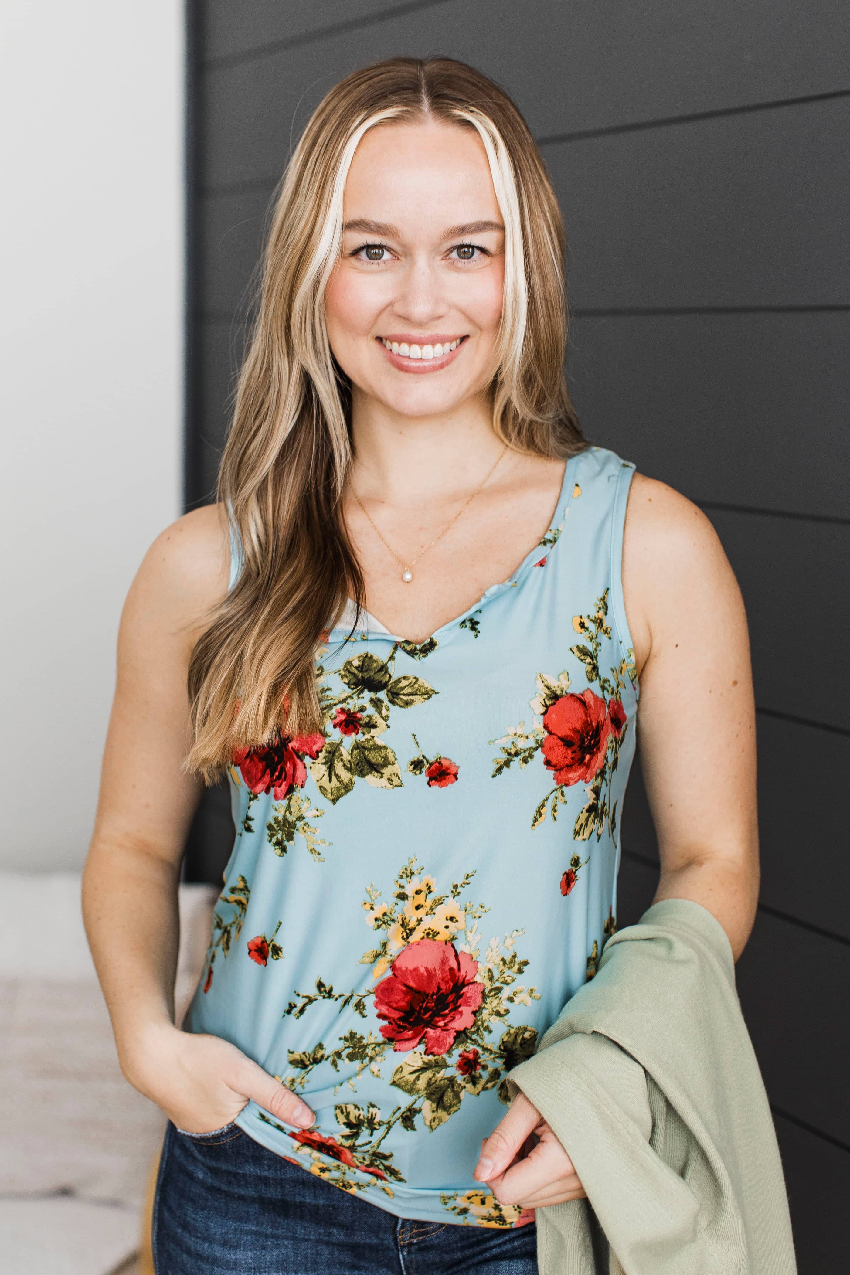 Say We're Forever Floral Tank Top- Light Blue