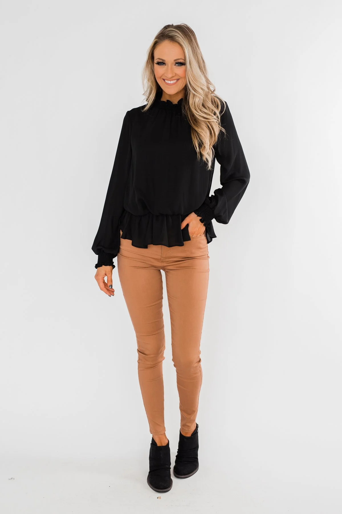 Say You Won't Let Go Cinched Blouse- Black - Image 3
