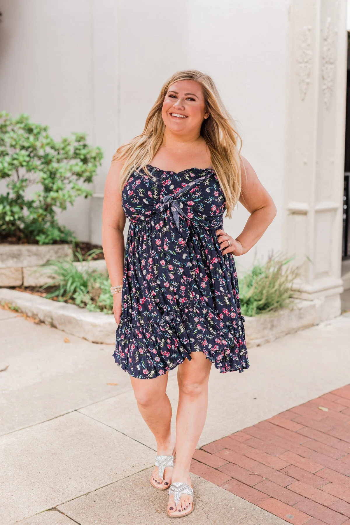Saying Goodbye Floral Tie Dress- Navy - Image 5