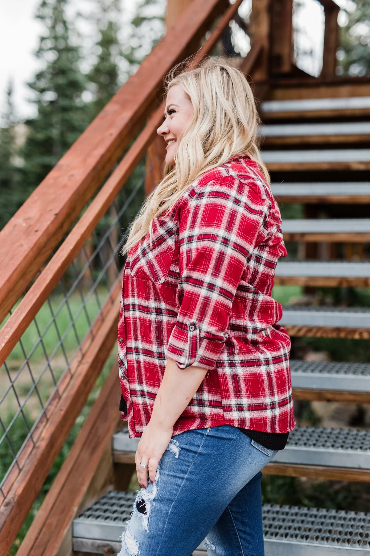 Saying Hello Flannel Button Up Top- Red - Image 12