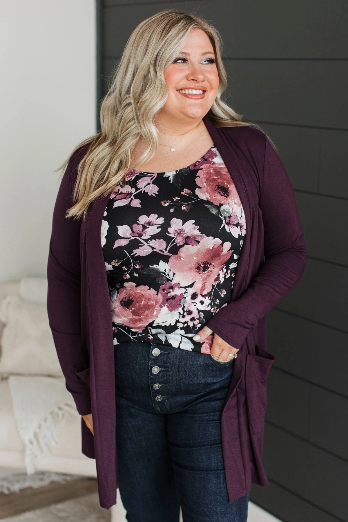 Saying Je T'aime Open Front Cardigan- Eggplant - Image 2