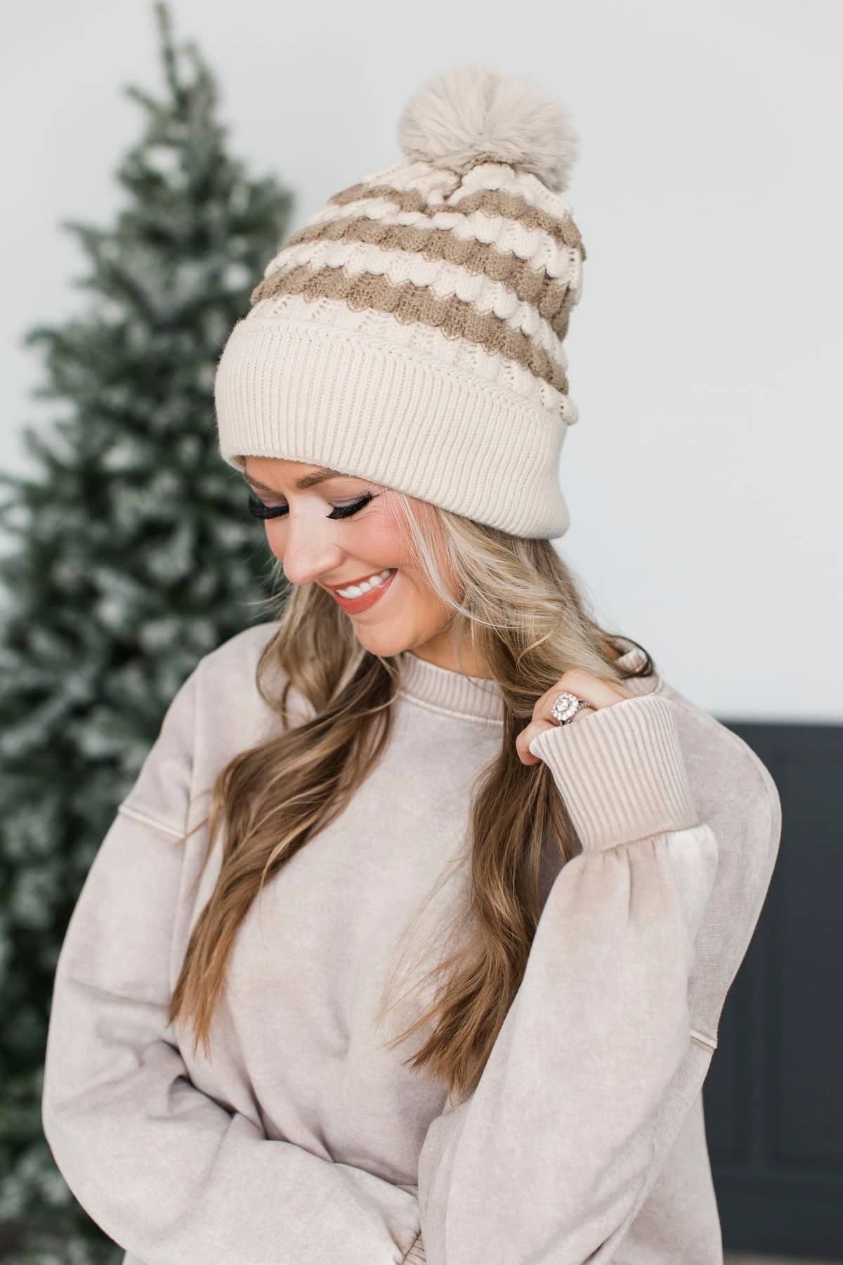 Scalloped Knit Pom Beanie- Taupe