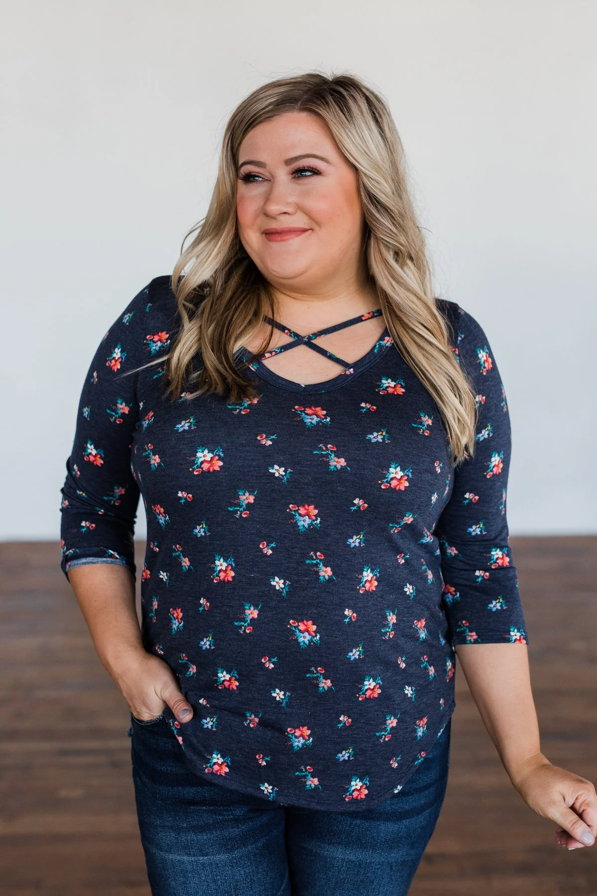 Scents of the Season Floral Criss Cross Top- Navy - Image 2