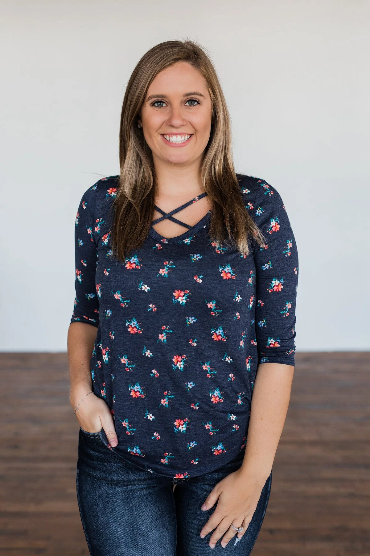 Scents of the Season Floral Criss Cross Top- Navy - Image 3